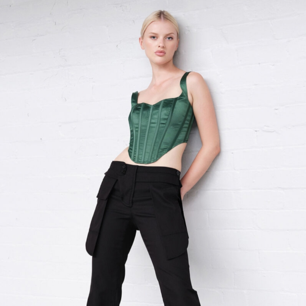 Bardot Satin Corset Bustier In Forest XS